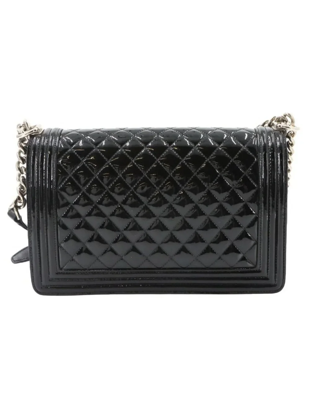 Chanel Boy Chain Shoulder Bag Patent Leather Black Silver